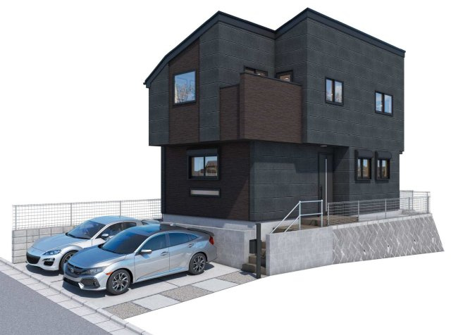 【横浜市保土ケ谷区法泉2丁目11-8全2棟新築戸建て】★仲介手数料無料★（初音が丘小学校・橘中学校）の外観パース|ブラックを基調としたスタイリッシュな外観デザインが目を引く新築戸建て。重厚感と高級感を兼ね備えた佇まいが魅力です。カースペース2台分を確保し、ゆとりある敷地で快適な暮らしを実現します。
