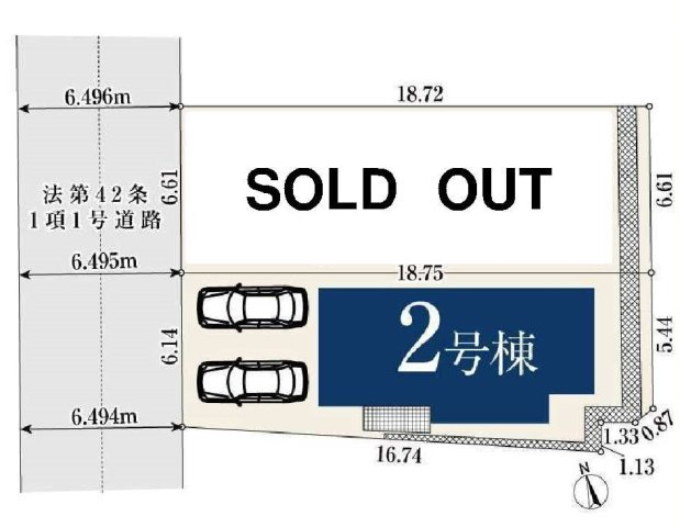 【横浜市保土ケ谷区法泉2丁目11-8全2棟新築戸建て】★仲介手数料無料★（初音が丘小学校・橘中学校）の区画図|全2棟分譲のうち最終1棟となる希少な物件です。前面道路にゆとりがあり、お車の出し入れもスムーズ。カースペース2台分を確保し、ご夫婦でお車を利用されるご家庭にもおすすめの区画です。