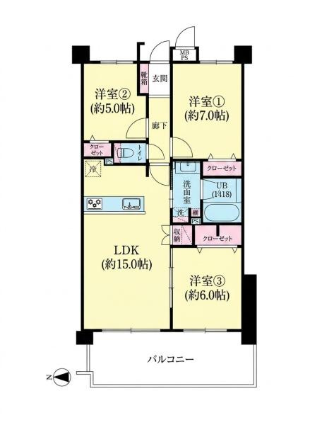リステージたまプラーザガーデンプレイスの間取り|3つの洋室を備えた機能的な間取りです。LDK約15帖と隣の洋室約6帖の仕切りを開けることで広々としたリビングとしてご利用いただくことも可能です。バルコニーへはリビングからアクセスできます。