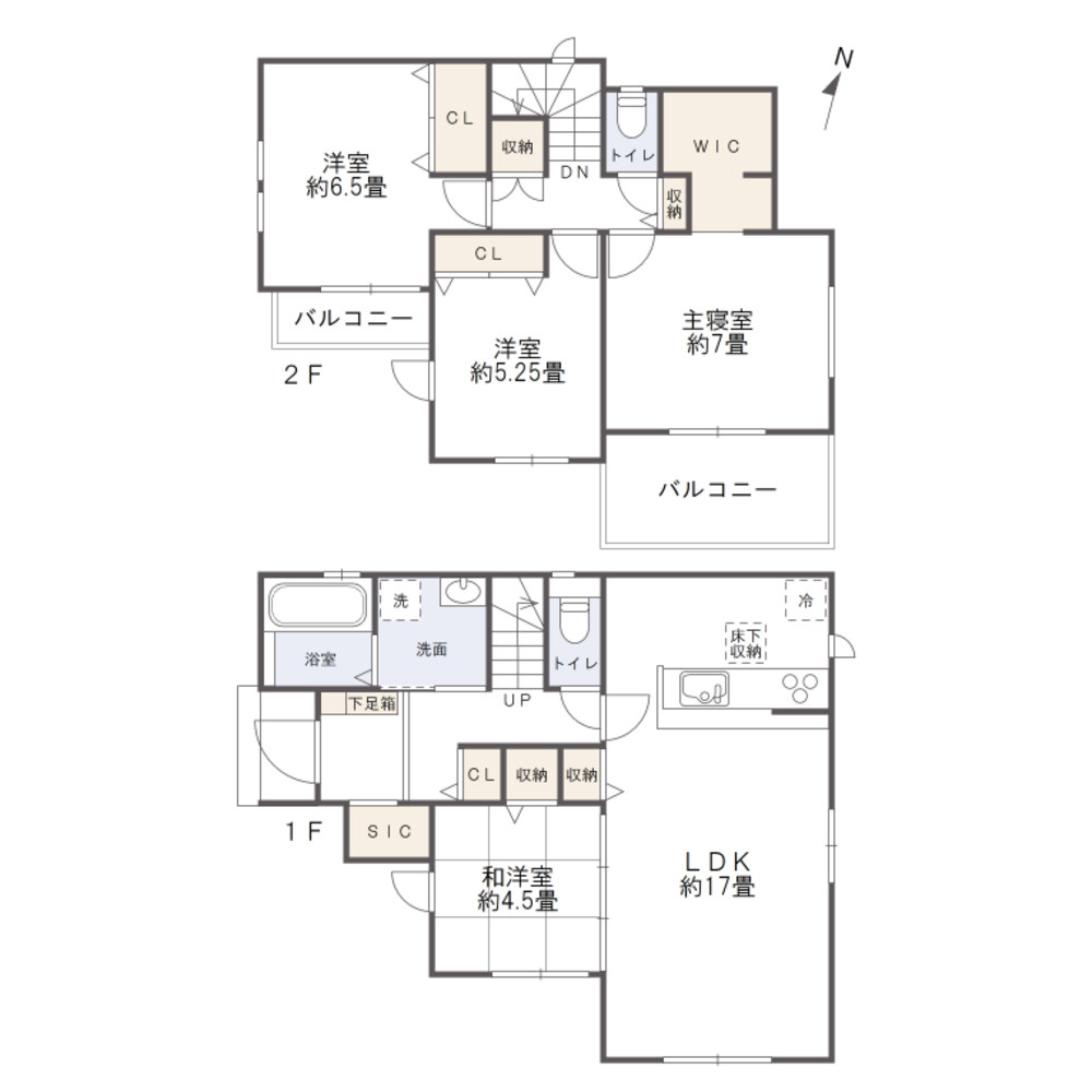 岡山市中区山崎　戸建の間取り|シューズクローク、ウォークインクローゼット等がある収納豊富な間取りです。