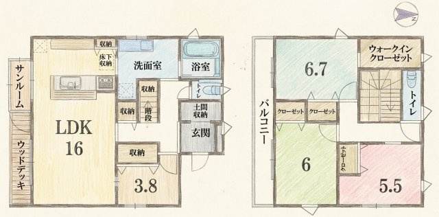 「サンルーム＆ウッドデッキ付」高知市神田　中古一戸建ての間取り|WIC×土間収納×各室クローゼット！サンルーム付で家事ラクな3LDK♪