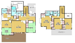 【間取り】 | あすみが丘〈圧巻の199坪〉中古戸建　JR「土気」駅 | キッチンからユーティリティ、洗面室へと繋がる効率的な家事動線が魅力です。各居室や廊下に豊富な収納が配置され、すっきり暮らせます。広いデッキやバルコニー、バスコートなど開放的な空間も特徴です。