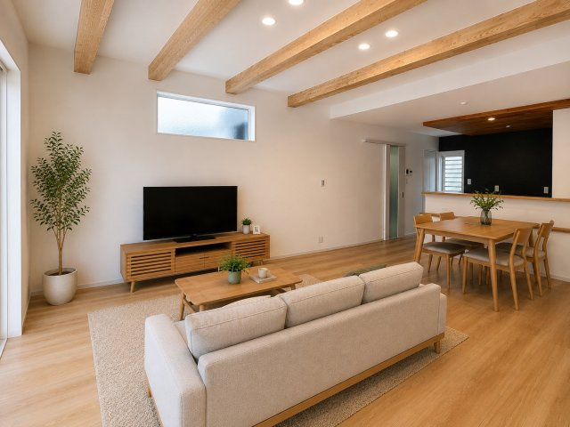 橿原市豊田町 ４号地の居間・リビング|LDK18帖　明るく広々としています（画像の家具はAIによって作成したものです）