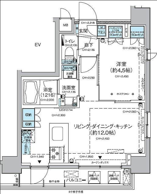 レジディア蒲田Ⅴの間取り|間取り　カウンターキッチンの1LDK南向きバルコニー