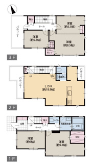 【間取り】 | 茅ヶ崎市香川3丁目 中古戸建て | 4LDK　積水ハウス施工　3階建　バルコニー2箇所　食洗器・浄水器　浴室乾燥機+窓　セカンド洗面　WIC　LDK18.9帖　洋室14帖（別途間仕切り工事で洋8.5帖・洋5.5帖に変更可能）
