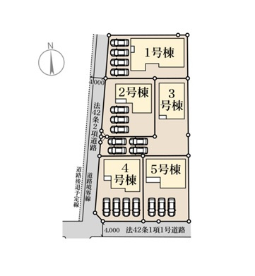 新築　伊勢崎第3茂呂町　4号棟　Livele Garden.Sの区画図|全5区画の4号棟です。土地約60坪。