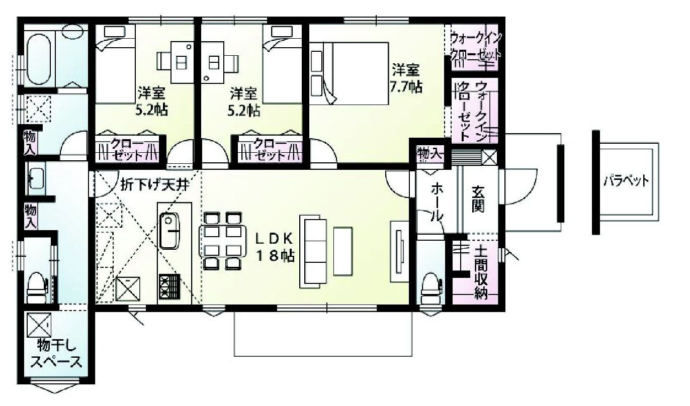 前橋市富士見町時沢　2号棟　新築住宅の間取り|収納充実♪南西向きの3LDKで陽当たり良好な間取りです！
土地面積479.73㎡、建物面積92.74㎡で十分な広さです！