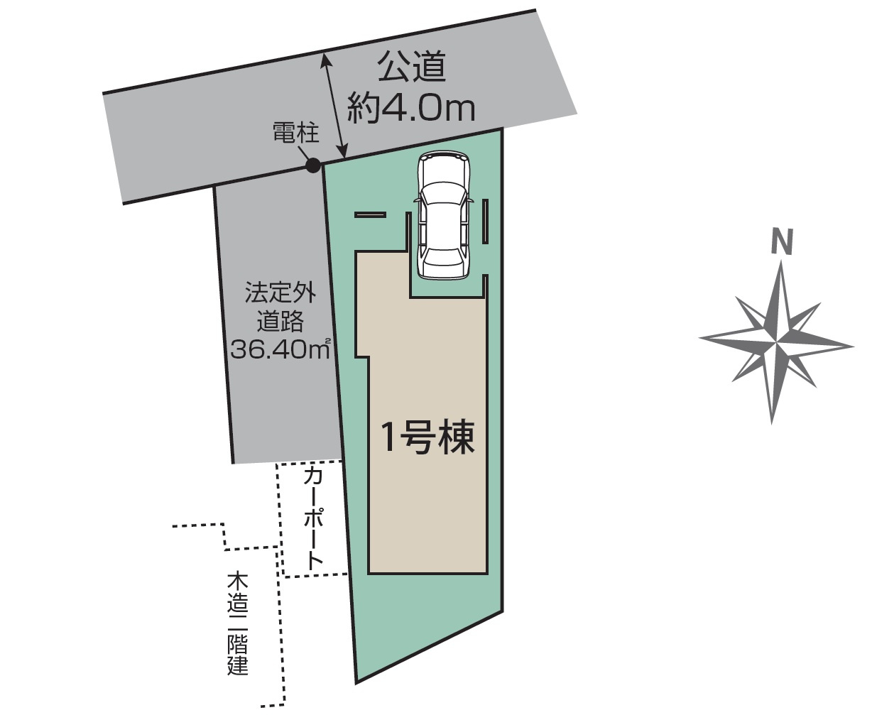 所沢市緑町4丁目・全1棟　新築一戸建　の区画図|カースペース1台分。