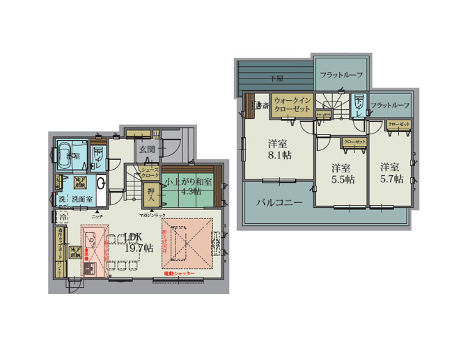 【間取り】 | 入間郡三芳町藤久保　新築一戸建住宅　全1棟　(ふじみ野店) | LDK19.7帖、主寝室8.1帖の広々とした居住空間。小上がり和室と大容量WIC付3LDKの住まい。※図面を基に作成しています。現況と異なる場合は現況を優先いたします。