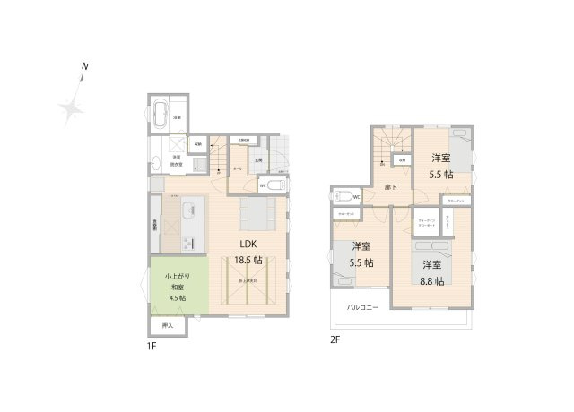 【間取り】 | ふじみ野市福岡中央2丁目　新築一戸建住宅　全1棟　(ふじみ野店) | 主寝室はゆったりサイズ8.8帖の3LDK。リビング収納、造作食器棚、洗面所収納、全洋室クローゼット、2階共有収納、シューズボックス完備と収納スペース豊富な造りのお家です。