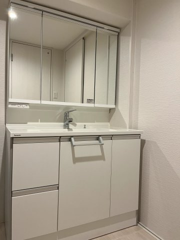 朝日ケ丘アーバンライフの独立洗面台|パナソニック社製の、シャワー水栓付きの幅広の洗面台。2026年6月撮影