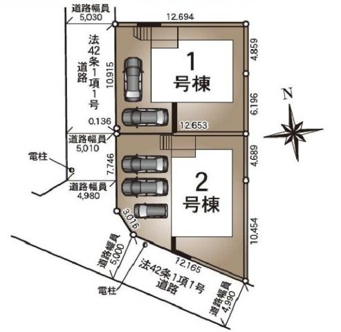 【横浜市旭区金が谷2丁目10-2全2棟新築戸建て】★仲介手数料無料★（笹野台小学校・希望が丘中学校）の区画図|全2棟の分譲地で、敷地面積140㎡超～154㎡超のゆとりある区画。カースペースは1号棟2台、2号棟3台駐車可能（車種による）。前面道路は約5m確保されており、車の出し入れもスムーズに行えます。