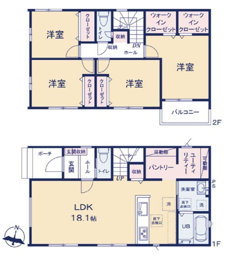 【間取り】 | 吉岡町大久保　新築住宅 | 18.1帖の広々LDKには便利なパントリーとユーティリティが隣接し、家事動線が優秀です。2階は全4部屋の洋室があり、2つのウォークインクローゼットをはじめ全室に収納を備えた機能的な間取りです♪