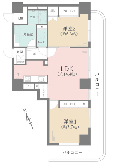 【間取り】 | アメニティタワー相模原 | 2LDKは、リビングダイニングキッチンと二つの居室がある間取りでございます。夫婦や小さなお子さんのいるご家庭に特におすすめで、リビングで家族団らんを楽しみつつ、個室でプライベートな時間も確保できます。