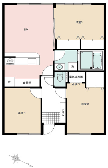 【間取り】 | ライオンズマンション相模大野 | 3LDKは、リビングダイニングキッチンと3つの居室がある間取り。ファミリー層に非常に人気の高い間取りで、広々としたリビングで家族団らんを楽しみ、個室でプライベートな時間も確保できるのが大きな魅力です。