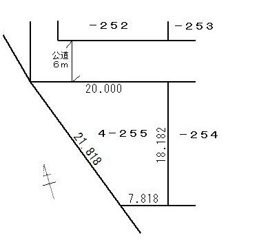 武佐２丁目売家の区画図|敷地と道路　北側幅員6ｍの道路に20ｍ接しています。