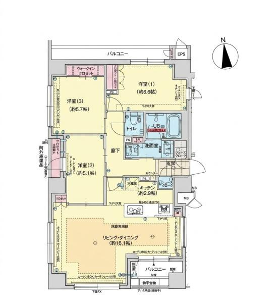 グラディス　センター南コートの間取り|三つの洋室と広々としたリビング・ダイニングが特徴の間取りです。ウォークインクローゼットや収納スペースも随所に設けられています。シューズクロークが玄関の左右2か所にあり、靴の収納量の多さも魅力です。