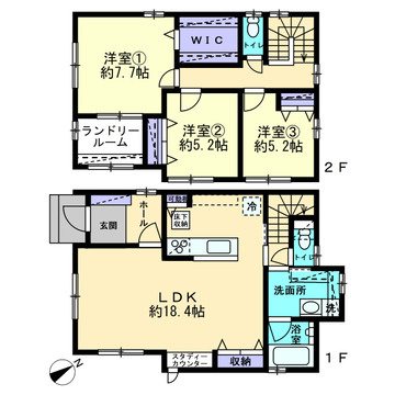 古江東町　一戸建ての間取り|広々LDKと、3部屋＋WIC。バルコニーをなくし、時間と天気を気にせず干せるランドリールームを完備。