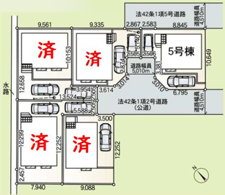 【区画図】 | 綾瀬市深谷南4丁目  5号棟 第24 | 5号棟　南西側・北西側約4.5～約5.0ｍ各公道・北東側約4.5ｍ位置指定道路（行き来・通行不可）　駐車2台（車種によります）　敷地面積31.9坪