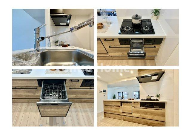 コスモシティ北千住のキッチン|【システムキッチン】ワイドで収納豊富な使い勝手の良いカウンターキッチンには、食洗器・伸縮タイプのキッチン水栓、三ツ口コンロ・魚焼きグリルなどの便利な設備が標準完備されています。