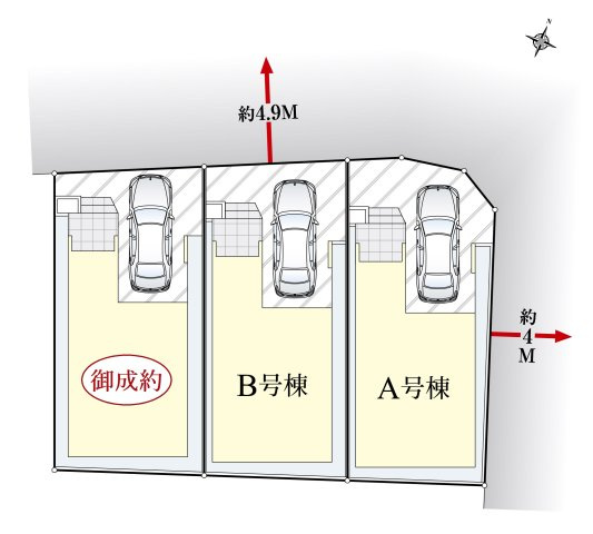 板橋区小豆沢4丁目 全3棟 B号棟の区画図|約4.9ｍ公道×約4ｍ道路に面する角地を含む全3棟新築戸建て
～光と風を享受する心地よい立地～