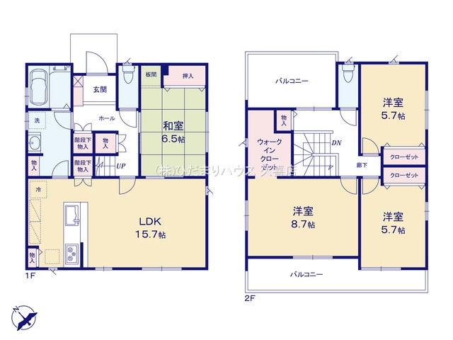 古河市上辺見　新築一戸建て　03　全3区画の間取り|2面ワイドバルコニー完備！お洗濯も快適です♪