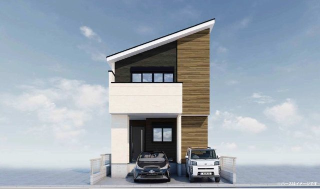 【横浜市鶴見区上末吉5丁目29-9新築戸建て】★仲介手数料無料★（上末吉小学校・末吉中学校）の外観パース|片流れ屋根と木目調アクセントが映えるスタイリッシュな外観デザイン。ビルトインガレージを備え、駐車2台可能なゆとりある住まいです。