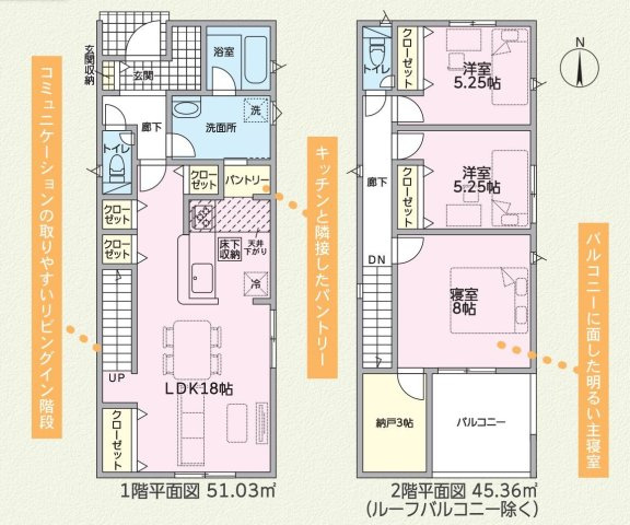 東海市加木屋町陀々法師14番102の一部『仲介手数料無料』新築一戸建て・建売の間取り|　4号棟　1F:LDK18帖！パントリー♪キッチン収納♪リビング収納♪ゆとりの洗面室♪リビングイン階段♪土間収納♪2F:主寝室8帖　納戸3帖設置！洋室6帖・洋室6帖　CL設置♪南面バルコニー♪
