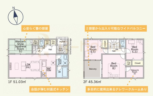 稲敷郡阿見町若栗第7　新築戸建て　1号棟の間取り|4LDK＋テレワークルーム、土地面積216.16ｍ2、建物面積96.39ｍ2