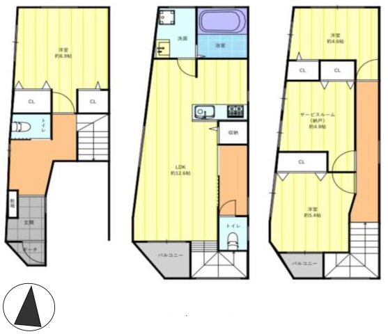 城東区東中浜２丁目中古戸建の間取り|中古戸建　4LDK　土地面積：49.08平米　建物面積：102.06平米　南向き