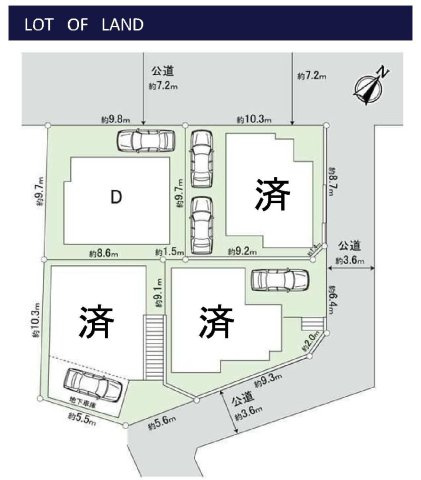 【横浜市鶴見区北寺尾1丁目17-21全4棟新築戸建て】★仲介手数料無料★（旭小学校・寺尾中学校）の区画図|開発分譲地内に位置する整った街並みが魅力の区画です。前面道路約7.2mで開放感があり、カースペースを確保。南ひな壇につき陽当たり・通風・眺望良好な住環境です。