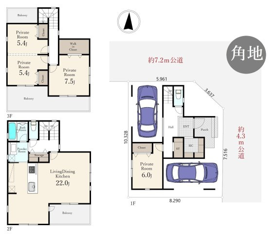 杉並区南荻窪1丁目 限定1棟の間取り|光と風を享受する心地よい整形地の角地に誕生しました
LDKは22帖の開放感
4LDK対応可能間取りです