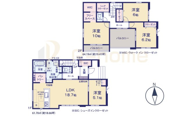龍ケ崎市松葉5期　新築戸建て　1号棟の間取り|4LDK＋WIC＋SIC＋パントリー、土地面積206.15ｍ2、建物面積125.89m2