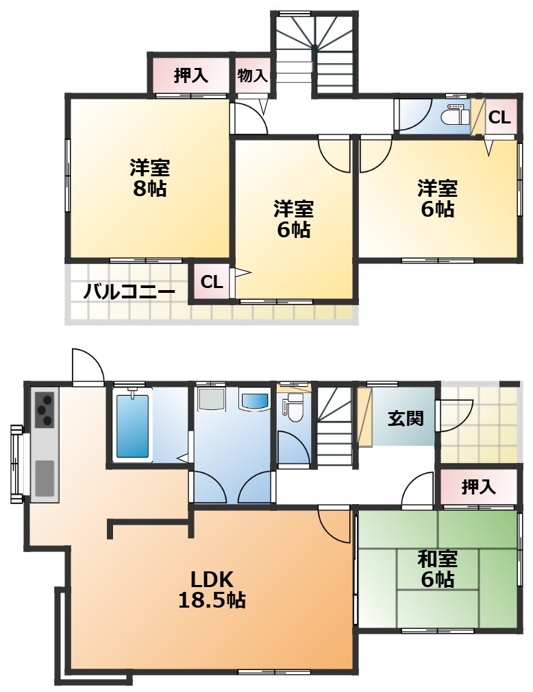 KEM鹿沼市松原1期中古戸建の間取り|全室南向きで陽当たりの良い間取りです