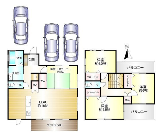 大和高田市曽大根１丁目の間取り|4LDK　土地面積：131ｍ2　建物面積：105.98ｍ2　駐車3台可
