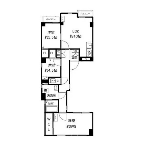 新宿区西落合一丁目　区分建物の間取り|3階・3LDK：専有面積：71.66㎡・西向き （LDK9.9帖 洋室8.0帖 洋室5.5帖 洋室4.5帖）
