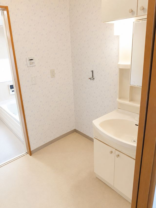 愛川町半原　平成16年築キュートな外観の注文邸宅の独立洗面台|ゆったり使える大きな独立した洗面台があります。