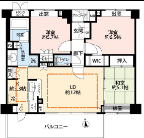 山王プレイスの間取り|オレンジ線＝床暖房