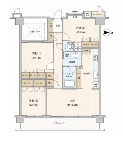 クリオ大師公園南壱番館の間取り|LDK(約13.4帖)と隣の洋室(約6帖)の仕切りを開けてご利用いただくことで約19.4帖の広々としたLDKとしてご利用いただけます。収納スペースが充実しており各部屋の使い勝手にも配慮されています。