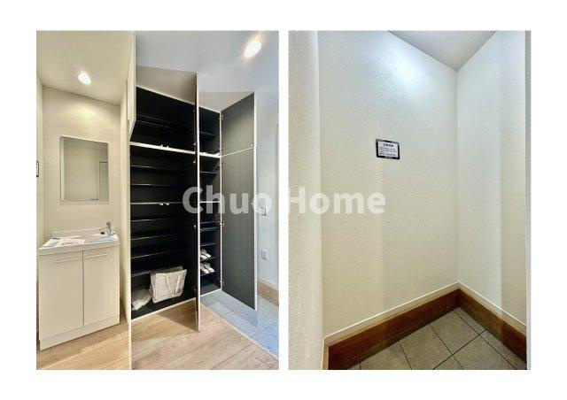 葛飾区東水元3丁目新築分譲住宅の玄関|玄関には、大型のシューズボックスと土間収納を設置