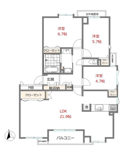 ステイツ花小金井ヴェルパセオの間取り|3LDK、価格3990万円、専有面積87.91m2、バルコニー面積5.25m2 専有面積87平米超のゆとりある角住戸！全居室に窓があり、採光が確保された明るい住まいです。収納力の高いクローゼットが備わ