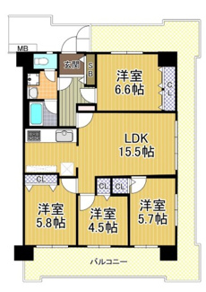 【間取り】 | 千舟リバーサイドヴィラD棟　ペット可（規約有） | 角部屋で引き廻しバルコニーのある４LDKの間取りです♪ファミリー様におすすめです！！