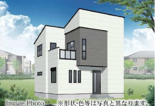【横浜市神奈川区西寺尾3丁目28-17全5棟新築戸建て】★仲介手数料無料★（西寺尾第二小学校・錦台中学校）の外観パース|ホワイトを基調にグレーカラーをアクセントとしたスタイリッシュな外観デザイン。直線的なフォルムが街並みに映え、洗練された印象を与えるモダン住宅です。