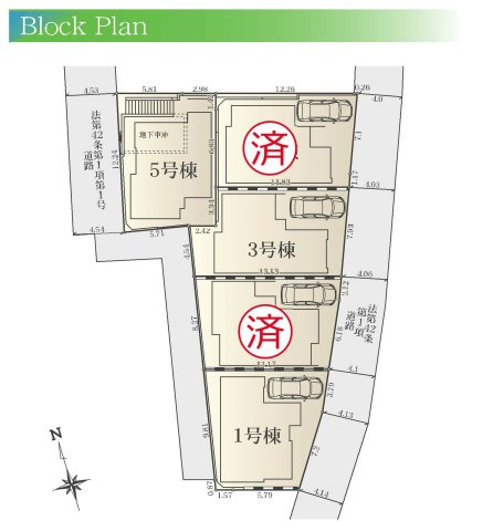 【横浜市神奈川区西寺尾3丁目28-17全5棟新築戸建て】★仲介手数料無料★（西寺尾第二小学校・錦台中学校）の区画図|全5棟の新築分譲地。各棟にカースペースを確保し、前面道路に面した開放的な街並みが魅力です。神の木公園が近く、緑豊かな住環境で子育て世帯にもおすすめです。
