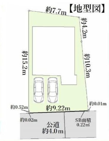 【横浜市神奈川区菅田町1017-35全2棟新築戸建て】★仲介手数料無料★（菅田の丘小学校・菅田中学校）の区画図|敷地面積約38坪超のゆとりある整形地。並列2台駐車可能なカースペースを確保し、南東側道路に面した開放的な区画です。陽当たりにも恵まれた住みやすい住環境が魅力です。