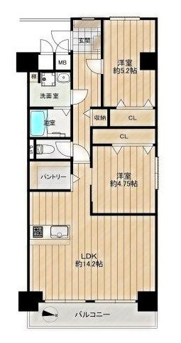 サニーコーポ東三国の間取り|◆専有面積：60.47㎡（壁芯）、2LDK、広々LDKは約14.2帖！