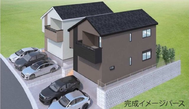 【横浜市鶴見区梶山2丁目2-10全2棟新築戸建て】★仲介手数料無料★（駒岡小学校・寺尾中学校）の外観パース|落ち着いた色合いの外観デザインが印象的な全2棟。敷地をゆったり確保し、カースペース2台分を備えた開放感のある街並みです。家族が快適に暮らせる住環境が魅力です。