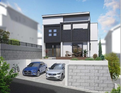 【横浜市鶴見区梶山2丁目8-41新築戸建て】★仲介手数料無料★（上末吉小学校・末吉中学校）の外観パース|ブラックを基調としたスタイリッシュな外観が印象的な一邸。高台立地ならではの開放感があり、広々とした敷地とウッドデッキスペースが家族の時間を豊かに演出します。