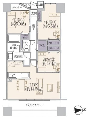 ハーティス城東の間取り|中古マンション　3LDK　専有面積：㎡（壁芯）　バルコニー面積：㎡　向き