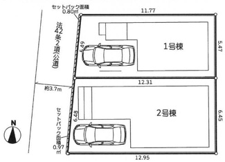 【区画図】 | 茅ヶ崎市松尾  1号棟 2期 | 1号棟　西側約4.0ｍ公道（セットバック済）　駐車1台（ビルトインガレージ・車種によります）　敷地面積19.9坪　